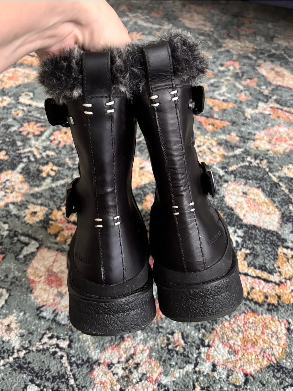 Merrell Tremblant Ezra Leather Side Zip Buckle Faux Fur Winter Boots Black Sz 8